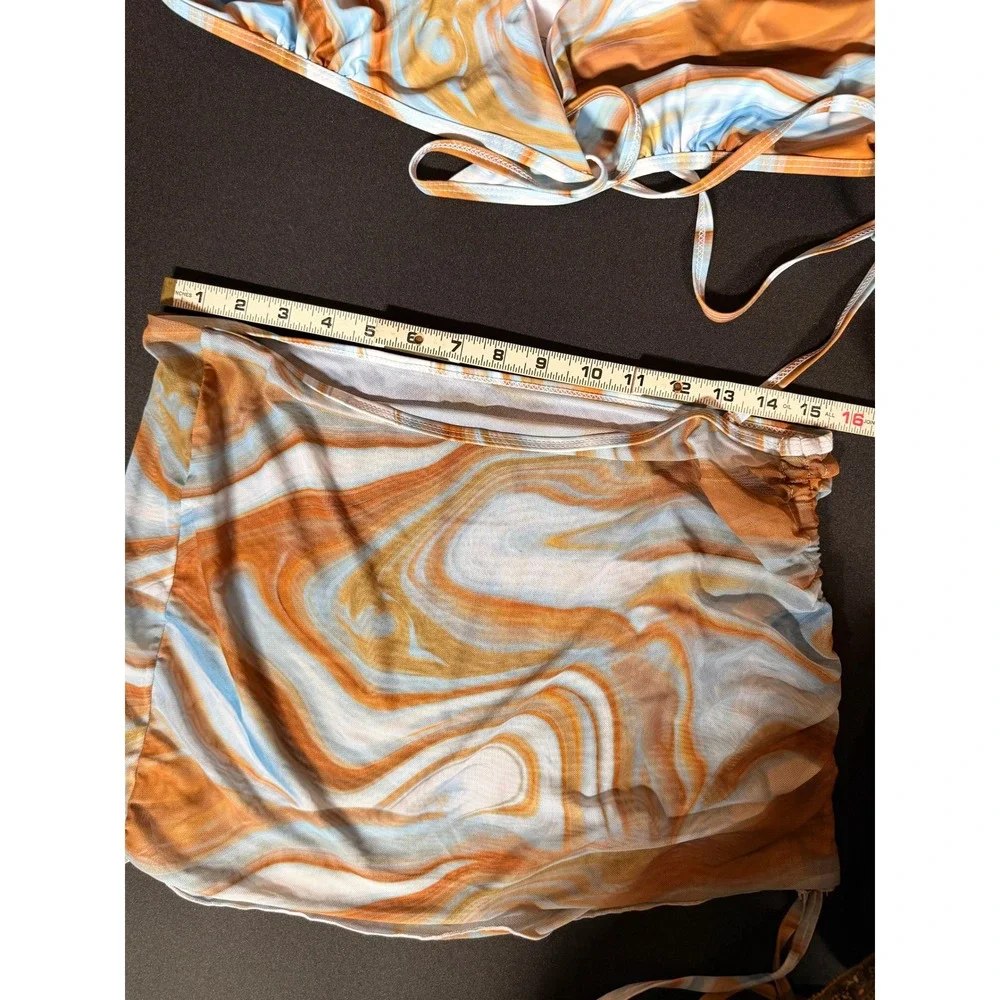 Marble Swirl 3 Piece Bikini Set Mesh Skirt Cover Up Blue Orange 2XL Coastal Y2K